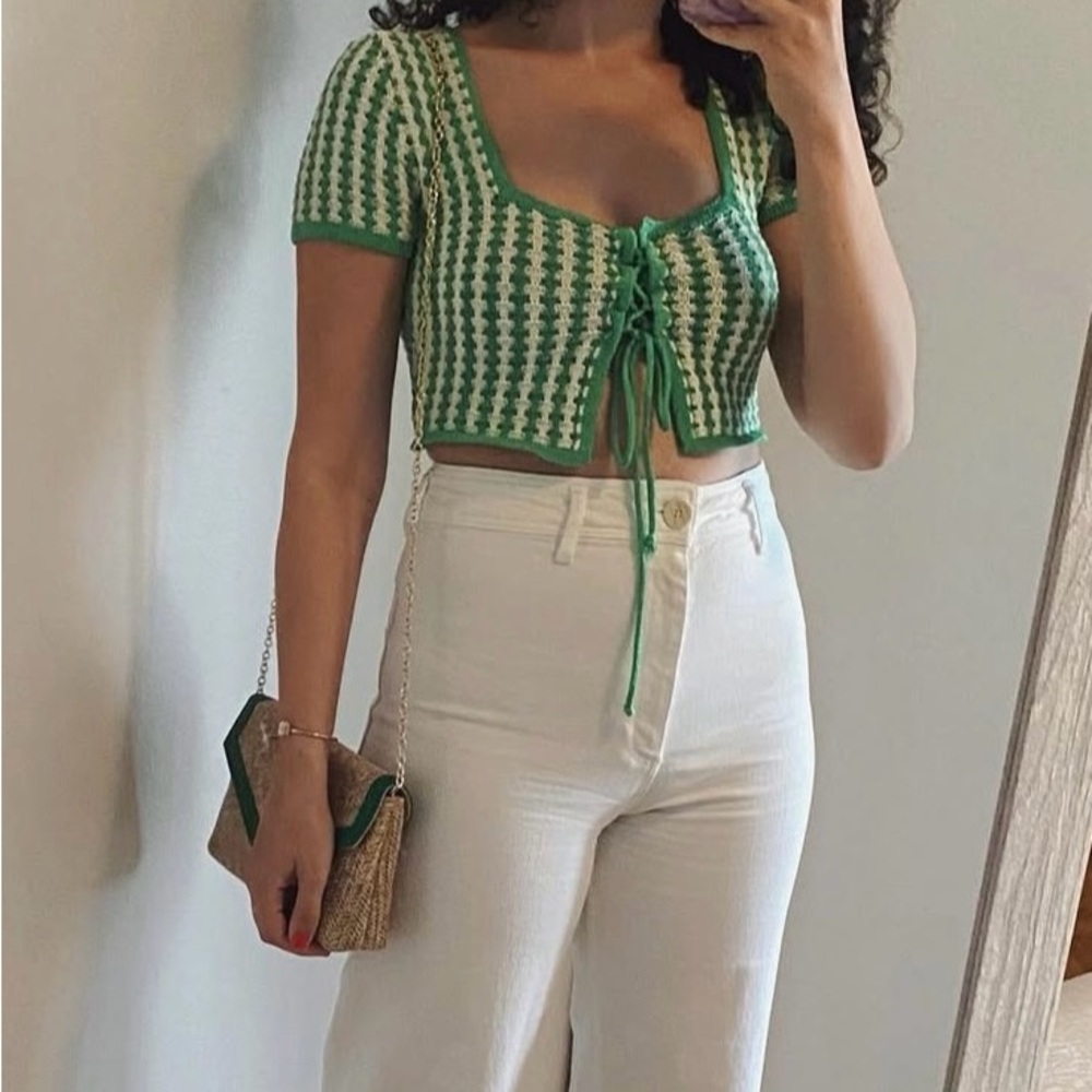 Zara Green and White Knit Crop Top